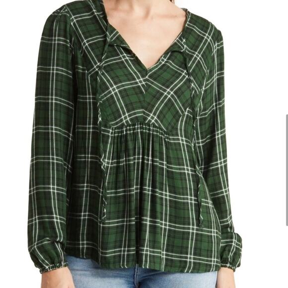 Three Dots Tops - Three Dots Mason Plaid Long Sleeve Blouse Dark Green